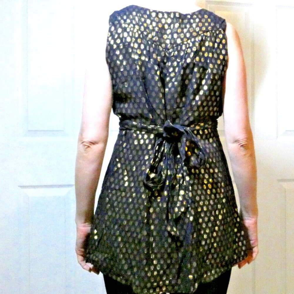 Black Silk Blouse Chiffon Layers Gold Polka dots Party Valentine Day Size M - Picture 2 of 11